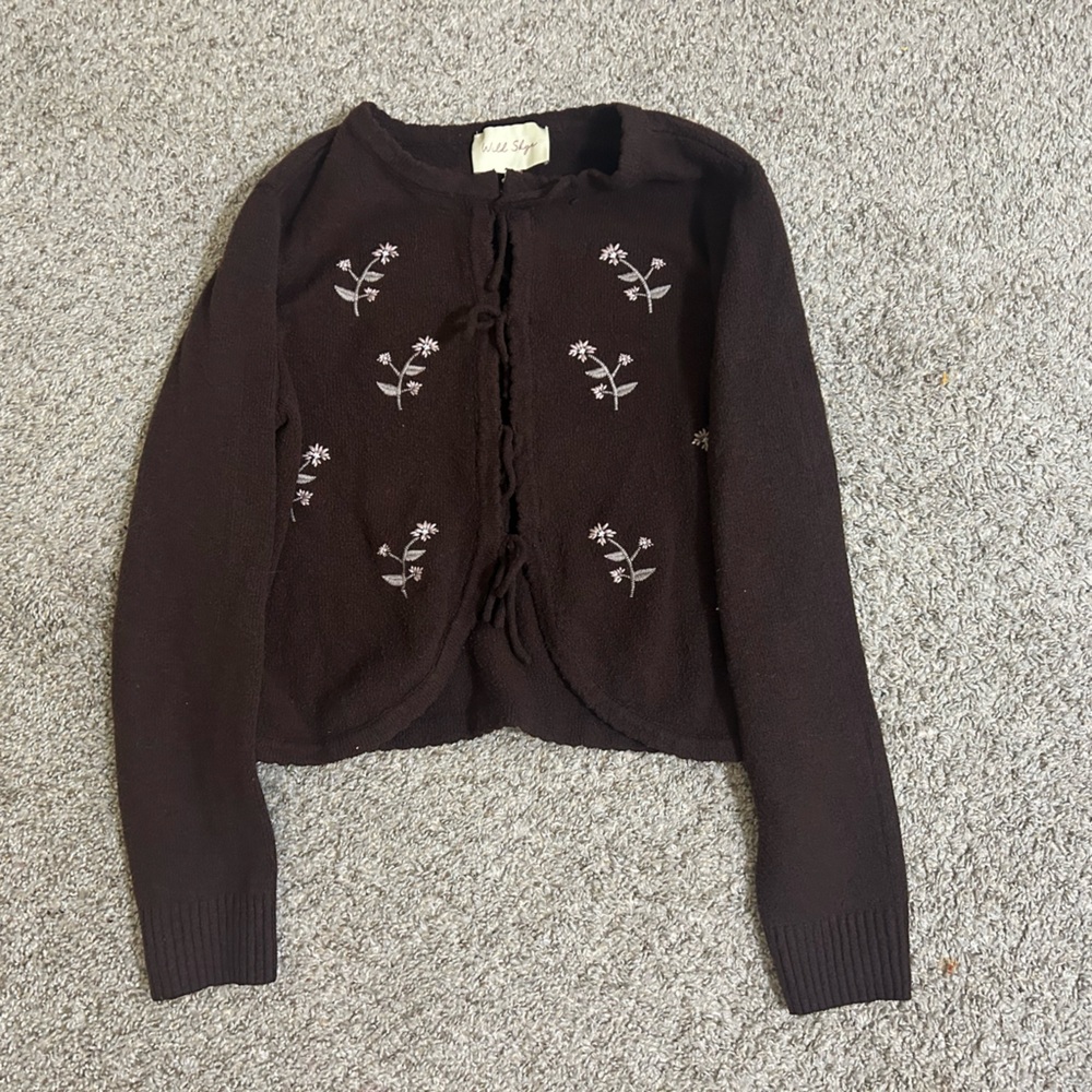 Wild Skye Brown Embroidered Floral Bow Tie Sweater Cardigan Size XL Winter Pink